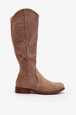 Sale Damskie buty S.Barski S.Barski HY66-150 Ażurowe Kozaki Na Płaskim Obcasie Beżowe