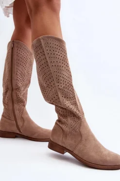 Sale Damskie buty S.Barski S.Barski HY66-150 Ażurowe Kozaki Na Płaskim Obcasie Beżowe