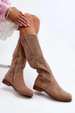 Sale Damskie buty S.Barski S.Barski HY66-150 Ażurowe Kozaki Na Płaskim Obcasie Beżowe