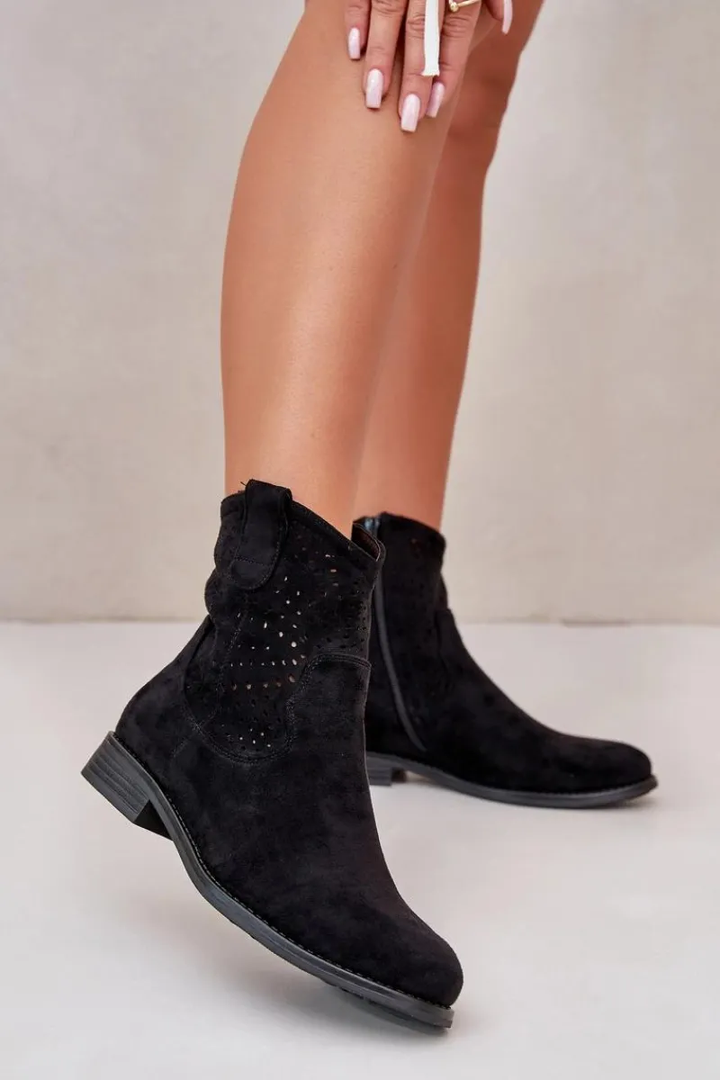 Clearance Damskie buty S.Barski S.Barski HY66-135 Damskie Ażurowe Botki Na Płaskim Obcasie Czarne