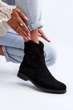 Clearance Damskie buty S.Barski S.Barski HY66-135 Damskie Ażurowe Botki Na Płaskim Obcasie Czarne