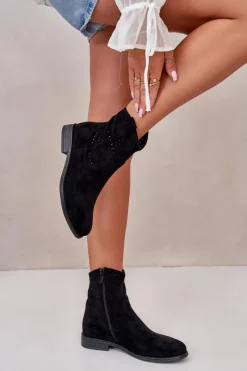 Clearance Damskie buty S.Barski S.Barski HY66-135 Damskie Ażurowe Botki Na Płaskim Obcasie Czarne