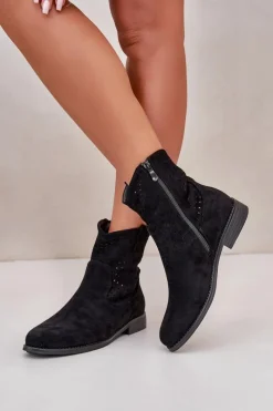 Clearance Damskie buty S.Barski S.Barski HY66-135 Damskie Ażurowe Botki Na Płaskim Obcasie Czarne