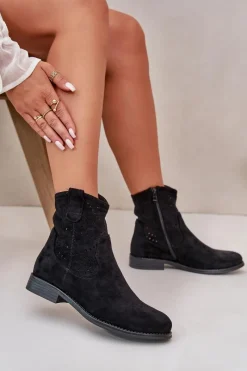 Clearance Damskie buty S.Barski S.Barski HY66-135 Damskie Ażurowe Botki Na Płaskim Obcasie Czarne