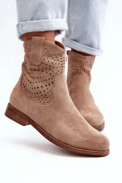 Botki Wiosenne|Botki Ażurowe>Damskie buty S.Barski S.Barski HY66-135 Damskie Ażurowe Botki Na Płaskim Obcasie Beżowe