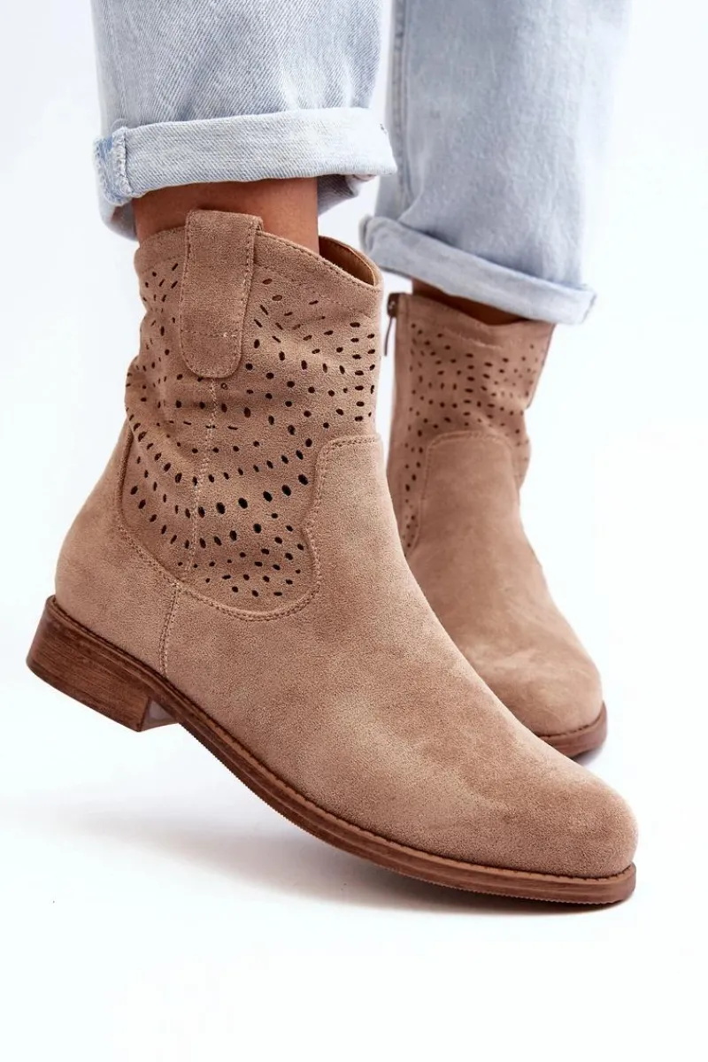 Botki Wiosenne|Botki Ażurowe>Damskie buty S.Barski S.Barski HY66-135 Damskie Ażurowe Botki Na Płaskim Obcasie Beżowe