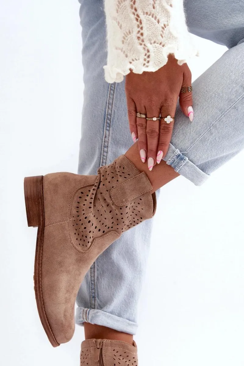 Botki Wiosenne|Botki Ażurowe>Damskie buty S.Barski S.Barski HY66-135 Damskie Ażurowe Botki Na Płaskim Obcasie Beżowe