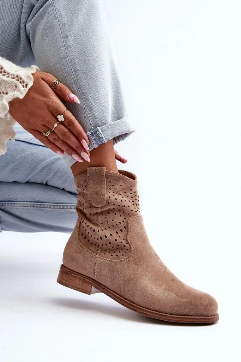 Botki Wiosenne|Botki Ażurowe>Damskie buty S.Barski S.Barski HY66-135 Damskie Ażurowe Botki Na Płaskim Obcasie Beżowe