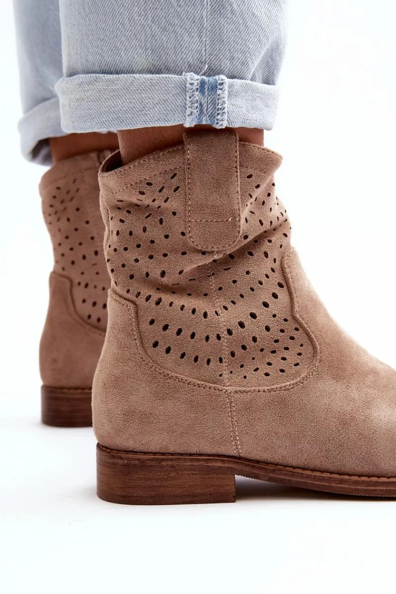 Botki Wiosenne|Botki Ażurowe>Damskie buty S.Barski S.Barski HY66-135 Damskie Ażurowe Botki Na Płaskim Obcasie Beżowe