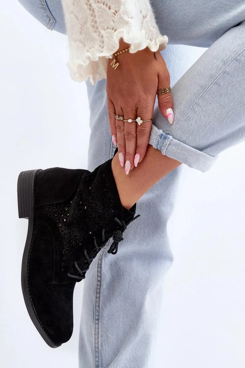 Botki Wiosenne|Botki Ażurowe>Damskie buty S.Barski S.Barski HY66-136 Damskie Botki Ze Wzorem Czarne Czarny