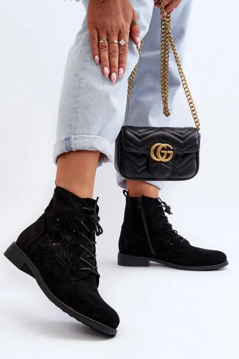 Botki Wiosenne|Botki Ażurowe>Damskie buty S.Barski S.Barski HY66-136 Damskie Botki Ze Wzorem Czarne Czarny