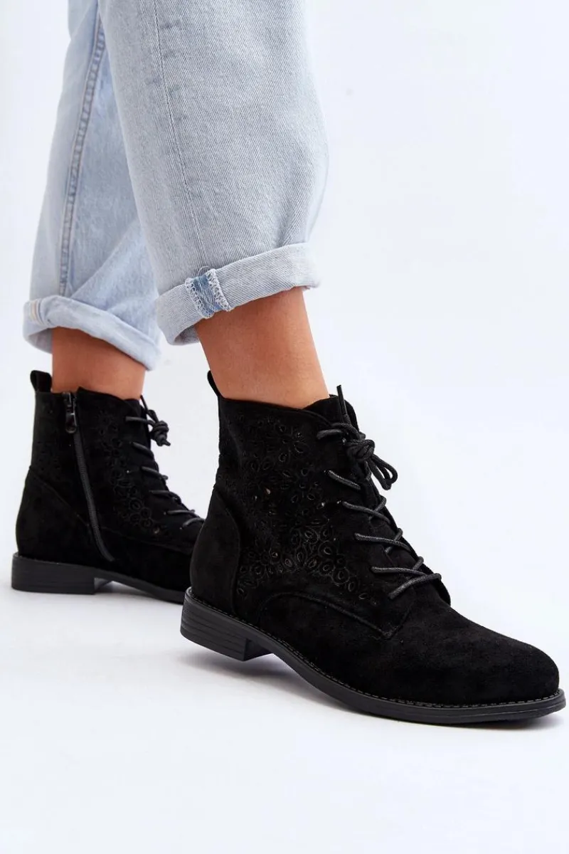 Botki Wiosenne|Botki Ażurowe>Damskie buty S.Barski S.Barski HY66-136 Damskie Botki Ze Wzorem Czarne Czarny