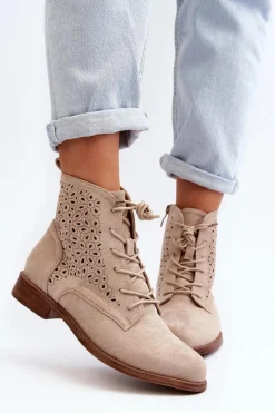 Best S.Barski HY66-136 Damskie Botki Ze Wzorem Jasnobeżowe Damskie Botki Wiosenne|Botki Ażurowe