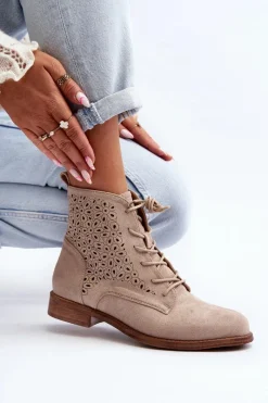 Best S.Barski HY66-136 Damskie Botki Ze Wzorem Jasnobeżowe Damskie Botki Wiosenne|Botki Ażurowe