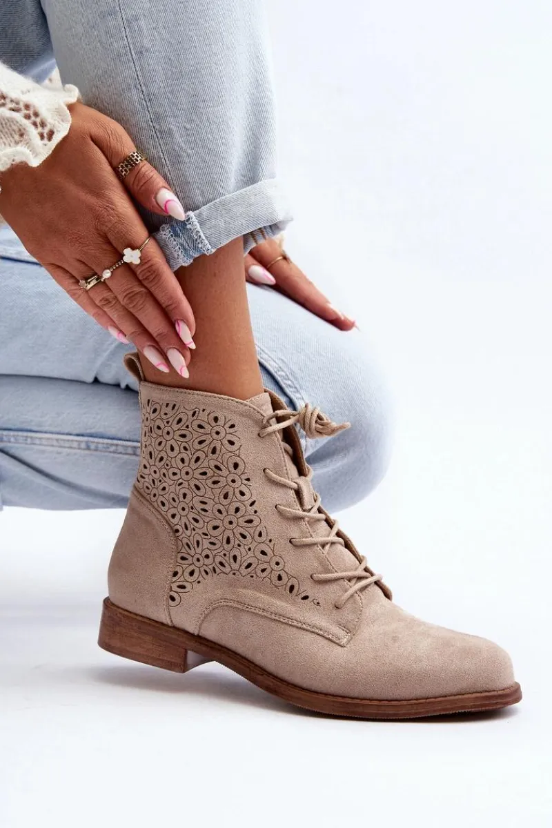 Best S.Barski HY66-136 Damskie Botki Ze Wzorem Jasnobeżowe Damskie Botki Wiosenne|Botki Ażurowe