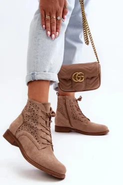 Sale S.Barski HY66-136 Damskie Botki Ze Wzorem Beżowe Damskie Botki Wiosenne|Botki Ażurowe