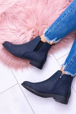 Botki Na Słupku|Botki Płaskie>Buty Sergio Leone Sergio Leone Granatowe Botki Sztyblety Nubuk Płaski Obcas Vuko