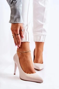 Outlet Sergio Leone Perłowe Czółenka Szpilki Beżowe Feliciana Damskie Czółenka Klasyczne