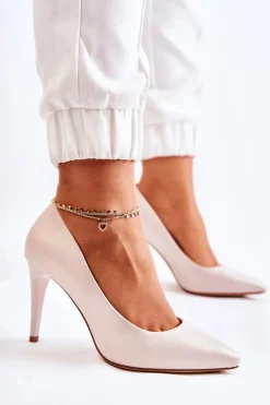 Outlet Sergio Leone Perłowe Czółenka Szpilki Beżowe Feliciana Damskie Czółenka Klasyczne