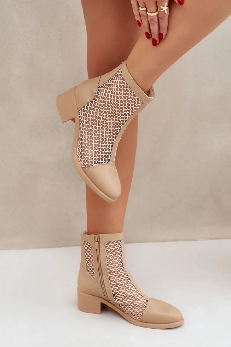 Botki Wiosenne|Czarne Botki>Boto Siateczkowe Botki Damskie Na Obcasie Beżowe Lithyia Beżowy