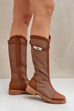Hot Boto Siateczkowe Kozaki Na Płaskim Obcasie Do Połowy Łydki Brązowe Asgerda