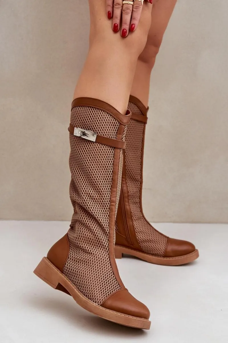 Hot Boto Siateczkowe Kozaki Na Płaskim Obcasie Do Połowy Łydki Brązowe Asgerda
