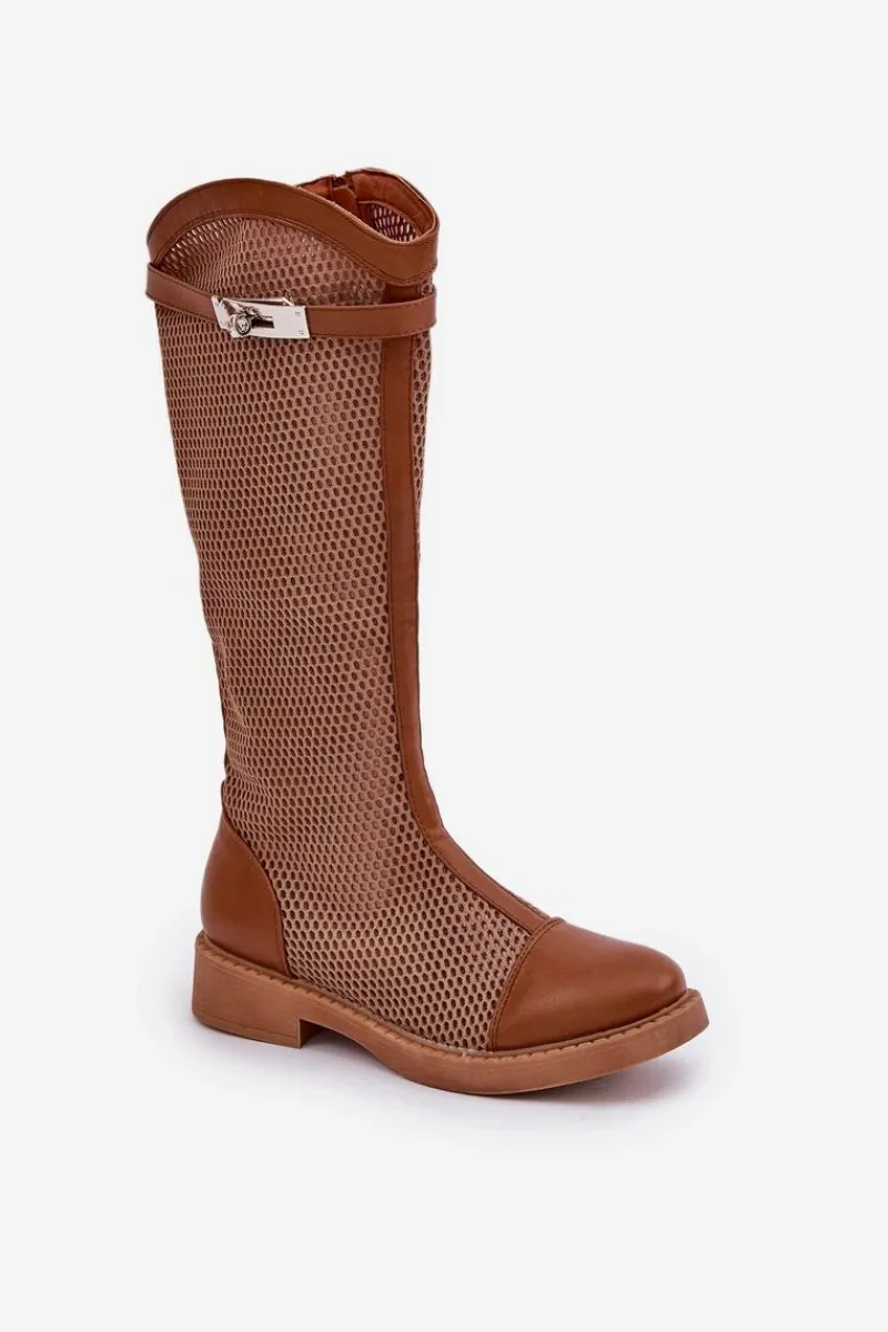 Hot Boto Siateczkowe Kozaki Na Płaskim Obcasie Do Połowy Łydki Brązowe Asgerda