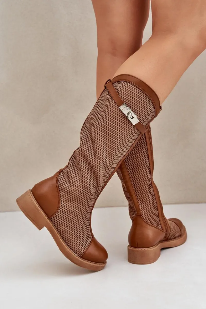 Hot Boto Siateczkowe Kozaki Na Płaskim Obcasie Do Połowy Łydki Brązowe Asgerda