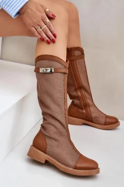 Hot Boto Siateczkowe Kozaki Na Płaskim Obcasie Do Połowy Łydki Brązowe Asgerda