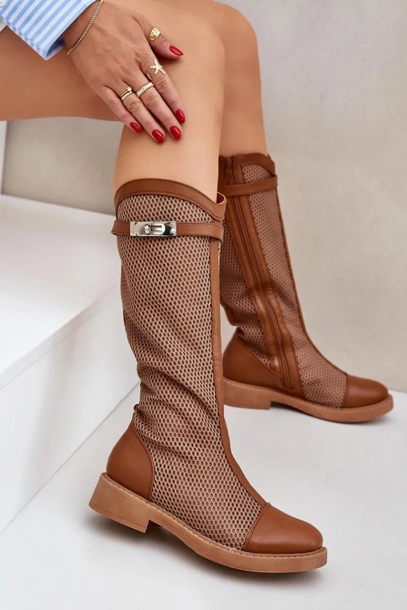 Hot Boto Siateczkowe Kozaki Na Płaskim Obcasie Do Połowy Łydki Brązowe Asgerda