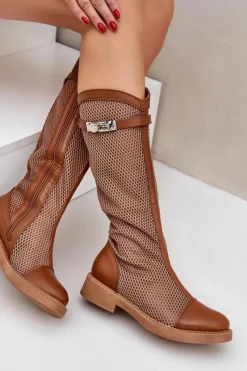 Hot Boto Siateczkowe Kozaki Na Płaskim Obcasie Do Połowy Łydki Brązowe Asgerda
