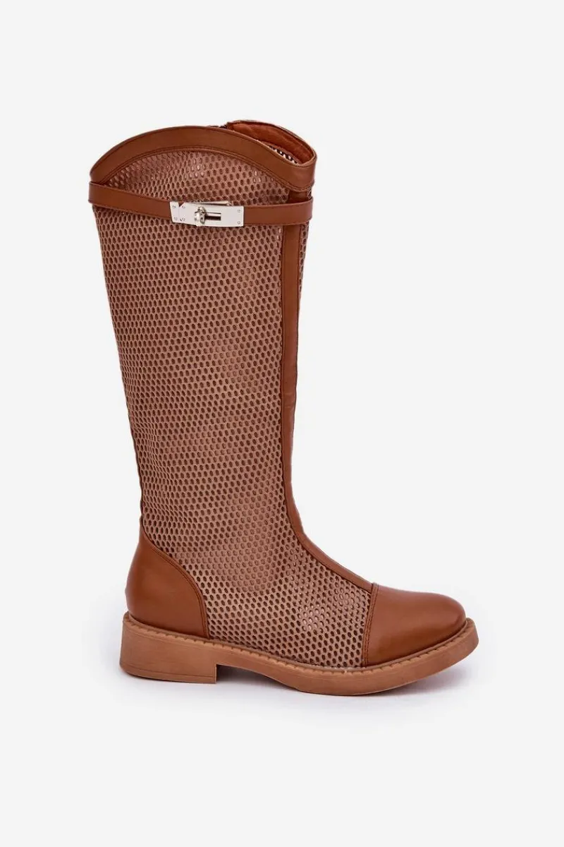 Hot Boto Siateczkowe Kozaki Na Płaskim Obcasie Do Połowy Łydki Brązowe Asgerda