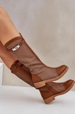 Hot Boto Siateczkowe Kozaki Na Płaskim Obcasie Do Połowy Łydki Brązowe Asgerda