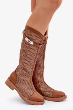 Hot Boto Siateczkowe Kozaki Na Płaskim Obcasie Do Połowy Łydki Brązowe Asgerda