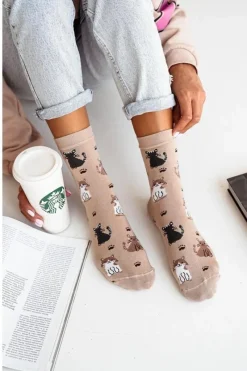 Sale Skarpetki Damskie Bawełniane W Koty Beżowe Skarpetki|Skarpetki