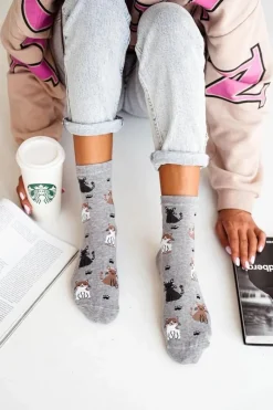 Outlet Milena Skarpetki Damskie Bawełniane W Koty Szare