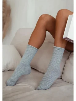 Skarpetki|Skarpetki>Milena Skarpetki Damskie Bezuciskowe W Prążek z Lurexem Szare Szary