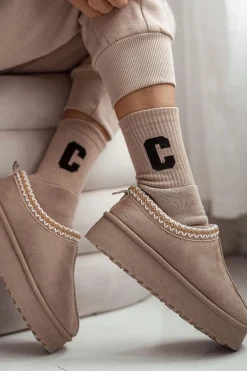 Discount Skarpetki Damskie Frotte Z Literą C Beżowe Skarpetki|Skarpetki