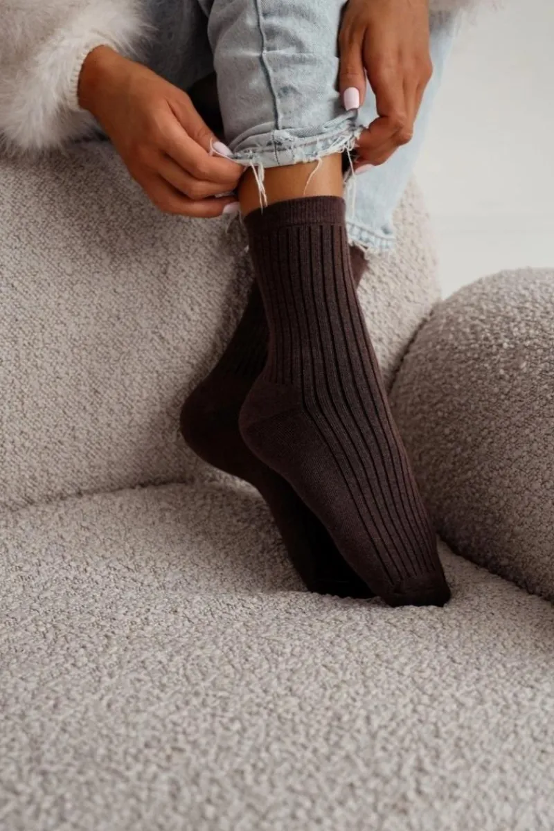 Skarpetki|Skarpetki>Milena Skarpetki Damskie Frotte W Prążek Czekoladowe Brązowy