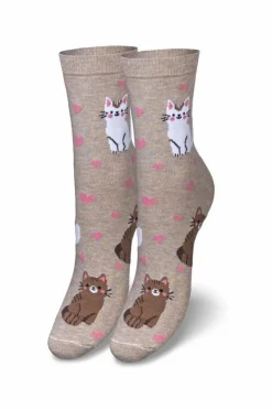 Outlet Skarpetki Damskie Kotki I Serca Beżowe Skarpetki|Skarpetki