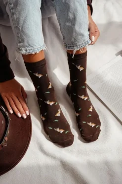 Outlet Milena Skarpetki Damskie W Lisy I Liście Brązowe Brązowy