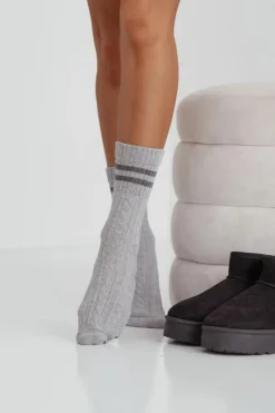 Outlet Milena Skarpetki Damskie Warkocz Z Paskami Szare Szary