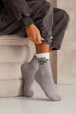 Skarpetki Damskie Świąteczne Półfrotte UNIQUE Bezuciskowe Gwiazdka Szare Skarpetki|Skarpetki