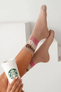 Outlet Skarpetki Damskie Z Napisem Good Vibes Only Beżowe Skarpetki|Skarpetki