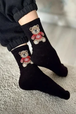 Skarpetki|Skarpetki>Milena Skarpetki Dziecięce Młodzieżowe Miś W Sweterku Czarne Czarny