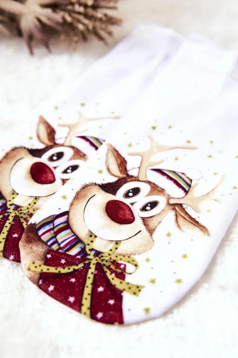 Outlet Skarpetki Stopki Renifer W Czapce Białe Skarpetki|Skarpetki