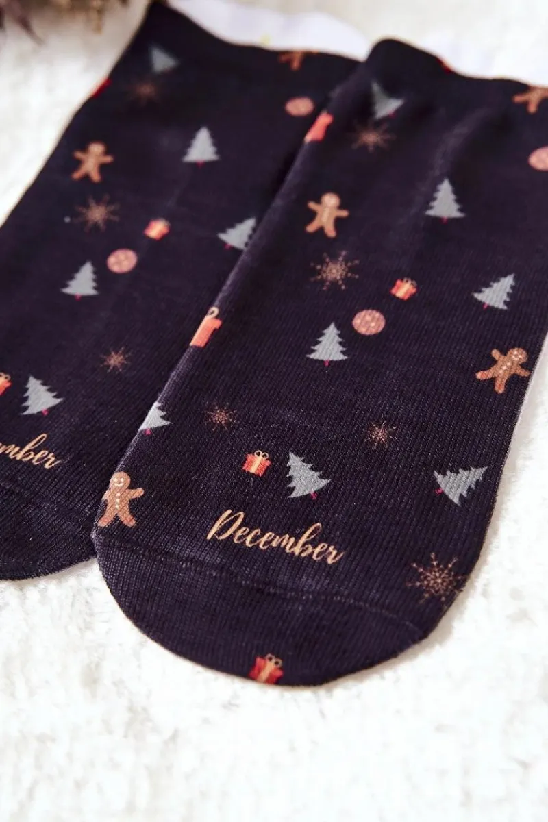 Outlet Skarpetki Stopki Świąteczny Wzór Czarne Skarpetki|Skarpetki