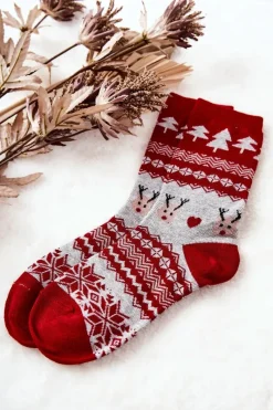 Skarpetki|Skarpetki>Aura.via Skarpetki W Świąteczny Wzór Czerwono-Szare