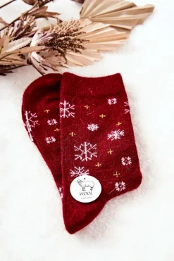 Skarpetki|Skarpetki>Aura.via Skarpetki Świąteczne Śnieżynki Bordowe