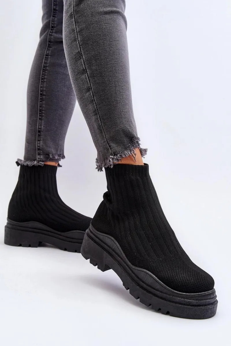 Online Skarpetkowe Botki Na Masywnej Podeszwie Wsuwane Damskie Czarne Elipara Damskie Botki Wiosenne|Botki Sznurowane